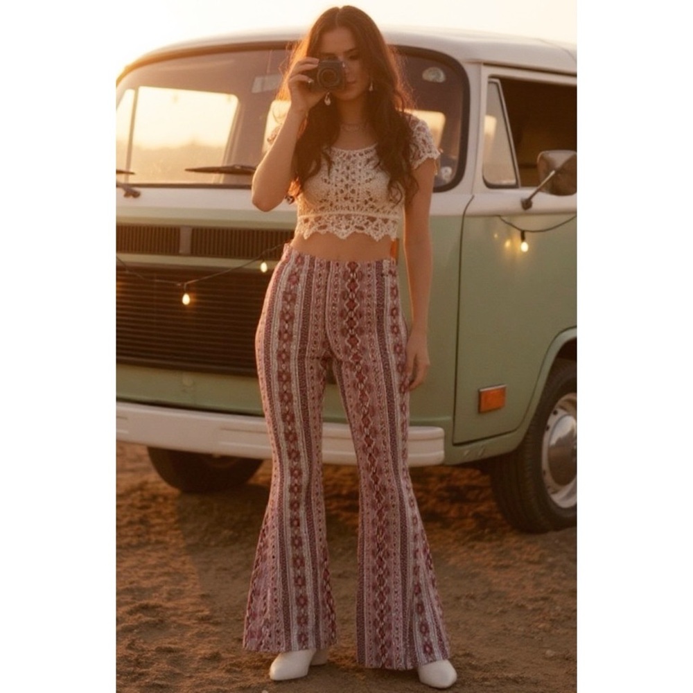 GiGio Burgundy Retro Print Flare Pants | Stretch High Rise | Fall Boho Statement - Picture 7 of 11